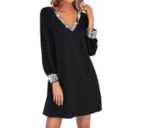 Robe Paillette Femme Sexy Col V Robe Robe Strass et Paillettes Femmes Courte Tunique Élégant Plage Soirée Fête Cocktail Mini Shirt Robe Femmes Manche Longue-Robe de Soirée Grandes Tailles Chic Robes
