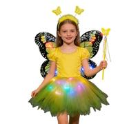 Robe papillon - Jupe tutu éclairée de 60 cm - Costume de fée scintillante - Cape d'ailes brillante - Tenue de cosplay princesse clignotante pour fille, fête, scène, anniversaire, festival, Noël