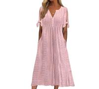 Robe pastel à œillets pour femme - Robe midi d'été bohème ajourée à boutons et col en V - Broderie ample - Tenue décontractée à manches courtes avec poches pour vacances à la plage, rose, XL