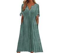 Robe pastel à œillets pour femme - Robe midi d'été bohème ajourée à boutons et col en V - Broderie ample - Tenue décontractée à manches courtes avec poches pour vacances à la plage, vert foncé, 3XL