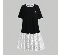 Robe patchwork style collégien pour adolescente, Top en tricot gris comme corps principal, assorti à un col et des poignets rayés bleu et blanc frais, style global frais et jeune, convient pour les tr