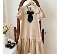 Robe peter pan à manches bouffantes et col claudine pour filles pre-adolescentes avec décoration de nœud sur le col 8Y,9Y,10Y,11Y,12YUnicolorePolyester