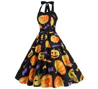 Robe Pin Up Femme sans Manche- Robe Vintage Imprimé Halloween,Robe Cocktail Femme Décolleté en Cœur Chic et Élégante Trapèze Mariage Soirée Fête Cérémonie au Genou Midi Sexy Swing Classique Dress