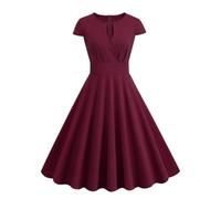 Robe Pin-up Vintage à col Rond ajourée Devant, Taille Haute, Couleur Unie, Manches Cape, Ligne a, Midi, Swing, été, 3-S