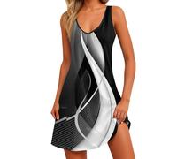 Robe Plage Femme,Jupe Longue Femme Ete,Robes d'été sans Manches à Col en V Robes Midi élégantes de Couleur Unie avec Poches Robes de Plage Robes à col Rond Longueur du Genou,Noir,S