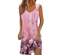 Robe Plage Femme, Robe Femme Ete Robe Chic Et Elegant Fleurie Femme Col Rond Robe Boheme Coton Femme Marque sans Manches Et Ventes Flash Robe Rose XL