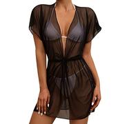 Robe Plage Sexy Maille Transparente Femmes,Cache Maillot Bikini Col V Maillot Bain Cover Up Manches Courtes Chemisier (FR/ES, Alpha/Lettres, Taille Unique, Taille Normale, Taille Normale, Noir)