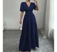 Robe plissée à col en V cintrée à manches bouffantes, élégante, décontractée et de vacances. Robe longue pour femmes de couleur pourpre, nouveauté printemps/été L,M,S,XLUnicoloreTissu tissé