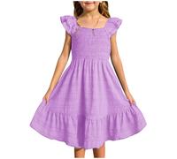 Robe plissée à manches volantées et col carré pour filles, robe formelle décontractée plissée sans manches de couleur unie élégante tenue de fée pour anniversaire, mariage, violet, 3-4 ans