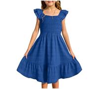 Robe plissée à manches volantées et col carré pour filles, robe formelle décontractée plissée sans manches de couleur unie élégante tenue de fée pour anniversaire, mariage, bleu marine, 7-8 ans