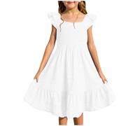 Robe plissée avec volants et manches à volants pour fille - Couleur unie - Col carré - Plissée - Jupe d'anniversaire - Robe bohème - Taille 8-10 - Élégante pour 10-12 ans, Blanc., 13-14 ans