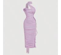 Robe plissée enveloppante violette avec des accents floraux 3D et une cravate drapée au cou - parfaite pour les vacances sur l'île, les fêtes, les rendez-vous, les célébrations d'anniversaire, les thé