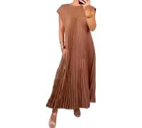 Robe Plissée Simple de Couleur Unie à Col Rond, Manches Courtes pour Femme - Longue Tenue d'Été