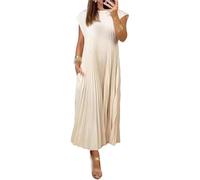 Bestciety Robe plissée simple de couleur unie pour femme, robe longue plissée à manches courtes, col rond, sans manches, robe d'été unie plissée, beige, XXL