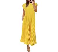 Robe Plissée Simple de Couleur Unie à Manches Courtes, Col Rond pour Femme - Longue Robe d'Été