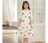 Robe polo ample et oversize pour fille pré-ado, style street décontracté, avec col chemise, patchwork, fronces, motif graffiti cœur et texte, manches courtes, longueur mi-mollet 8Y,9Y,10Y,11Y,12Y,13YC