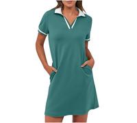 Robe polo pour femme - Mini robe d'été à revers - Longueur genou - Manches courtes - Couleur unie - Robe de golf courte avec poches - Légère et confortable - Robe de sport - Robe de tennis