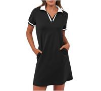 Robe polo pour femme - Mini robe d'été à revers - Longueur genou - Manches courtes - Couleur unie - Robe de golf courte avec poches - Légère et confortable - Robe de sport décontractée, blanc/noir, L