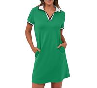 Robe polo pour femme - Mini robe d'été à revers - Longueur genou - Manches courtes - Couleur unie - Robe de golf courte avec poches - Légère et confortable - Robe de sport décontractée, vert, M