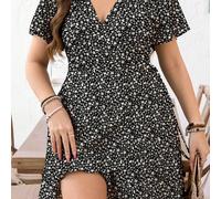 Robe portefeuille à volants rétro, col V, à la mode et décontractée, idéale pour les vacances. 0XL,1XL,2XL,3XL,4XLPlantesTissu tissé
