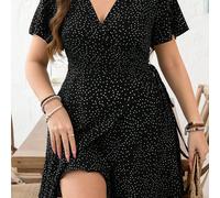 Robe portefeuille à volants rétro, col V, à la mode et décontractée, idéale pour les vacances. 0XL,1XL,2XL,3XL,4XLImprimés aléatoiresTissu tissé