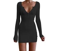 Robe portefeuille courte sexy pour femme - Robe d'hiver en tricot - Col en V - Avec boutons - Mini robe moulante à manches longues - Robe moulante - Taille haute - Robe d'hiver côtelée, Noir , S
