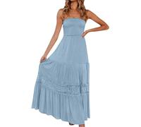Robe portefeuille d'été pour femme 2025 bohème sans bretelles, robe longue tendance, épaules dénudées, tempérament confortable, bordure en dentelle smockée 2025, bleu ciel, S