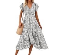 Robe portefeuille élégante pour femme - Robe d'été à volants à manches courtes - Robe d'été légère avec col en V et lacets sur le côté - Robe de plage bohème fluide, Blanc., XXL