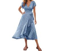 Robe portefeuille élégante pour femme - Robe d'été à volants à manches courtes - Robe d'été légère avec col en V et lacets sur le côté - Robe de plage bohème fluide, bleu, XXL