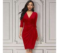 Robe portefeuille élégante pour femme, robe d'été rouge col V, robe de fête ajustée à manches 3/4 pour Pâques, robe de mariée de printemps L,M,S,XLTissu tricoté