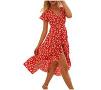 Robe Portefeuille Femme Imprimé Bohème Florale Femme Chic Mi-Longue Robe à Volants Fendue Col en V Cache Coeur à Manches Courtes (Rouge, S)