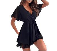 Robe portefeuille pour femme - Courte - En mousseline de soie - Manches courtes - Avec ceinture - Ourlet à volants - Mini robe élégante - Col en V - Robe trapèze - Taille haute - Robe décontractée