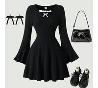 Robe pour adolescentes, élégante et , silhouette évasée en A avec taille cintrée, avec un col rond et des manches longues évasées. Cette robe convient aussi bien pour les occasions festives que pour l