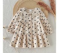 Robe pour bébé fille avec col Peter Pan, mignonne et douce, style coréen, beige avec imprimé cœur, volants, manches longues, coupe régulière, pour fête d'anniversaire, automne, princesse, confortable,