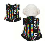 Robe pour Chien « Papa autiste » avec Ruban Puzzle et Drapeau américain, vêtements Respirants pour Animaux de Compagnie, t-Shirts à Manches volantées pour séance Photo de fête, Taille XS