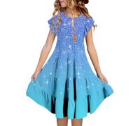 Robe Pour Enfants Volantées Été Casual Manche Courte À Col Rond Taille Cintrée Princesse Vêtements Ensemble Vacances Plage Fluide Elegant Mignon Soirée Bapteme Anniversaire (Sky Blue #13, 14-15 Years)