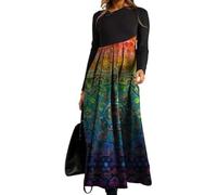 Robe pour femme à imprimé floral et à manches longues avec col rond plissé - Robe longue ample de style bohème élastique - Robe élégante décontractée pour l'automne et l'hiver - Robe de soirée, Orange