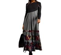 Robe pour femme à imprimé floral et à manches longues avec col rond plissé - Robe longue décontractée de style bohème élastique - Robe de soirée bohème pour l'automne et l'hiver, gris, L