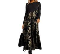 Robe pour femme à imprimé floral, manches longues, col rond plissé, ample, robe longue de style bohème élégante - Robe élastique ample pour soirée d'automne et d'hiver, doré, M