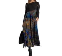Robe pour femme à imprimé floral, manches longues, col rond plissé, ample, robe longue de style bohème élégante - Robe élastique ample pour soirée d'automne et d'hiver, rose, L