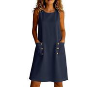 Robe pour femme, avec col en V sans manches, braguette boutonnée sur le devant, en polyester, pour une tenue décontractée ; avec détails de design, y compris robe col sans boutons mélange temps chaud
