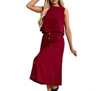 Robe pour femme, ensemble 2 pièces, ample, décontracté, sans manches, jupe gilet de couleur unie pour les vacances et le quotidien (2XL rouge)