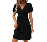 Robe pour femme - Longueur genou - Sexy - Twist Knot - Mini robe à manches courtes - Robe d'été décontractée - Robe d'été - Lignes A - Couleur unie - Col en V - Robe d'été légère, Noir , L