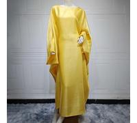 Robe pour femme musulmane avec manches chauve-souris en satin soyeux et taille, conçue pour les fêtes à Dubaï et une utilisation décontractée (taille moyenne, jaune)