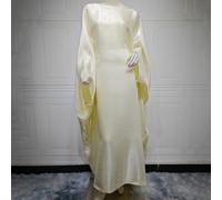 Robe pour femme musulmane avec manches chauve-souris en satin soyeux et taille, conçue pour les fêtes à Dubaï et une utilisation décontractée (taille moyenne abricot)
