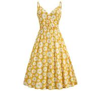 Robe pour femme Printemps/Été avec poches, col en V, bretelles spaghetti trapèze, robe décontractée, Fleurs jaunes., XL