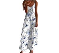 Robe pour femme - Style vintage - Motif floral - Col en V - Bretelles spaghetti - Sans manches - Épaules dénudées - Robe longue - Robe de plage légère et fluide - Robe d'été bohème, bleu/blanc, XL