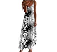 Robe pour femme - Style vintage - Motif floral - Col en V - Bretelles spaghetti - Sans manches - Épaules dénudées - Robe longue - Robe de plage légère et fluide - Robe d'été bohème, 01# noir et blanc