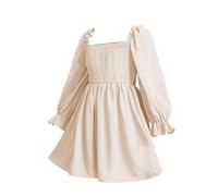 Robe pour fille avec encolure carrée et manches, grande robe swing froncée, taille haute, dentelle, jupe courte pour fille patineuse, beige, 2-3 ans