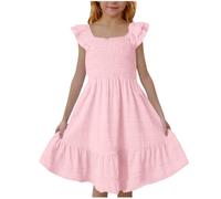 Robe pour filles à manches courtes avec volants, col carré, robes de printemps et d'été, décontractées, élégantes, pour mariage, fête, jupe A-line, vêtements d'été pour filles, rose, 7-8 ans